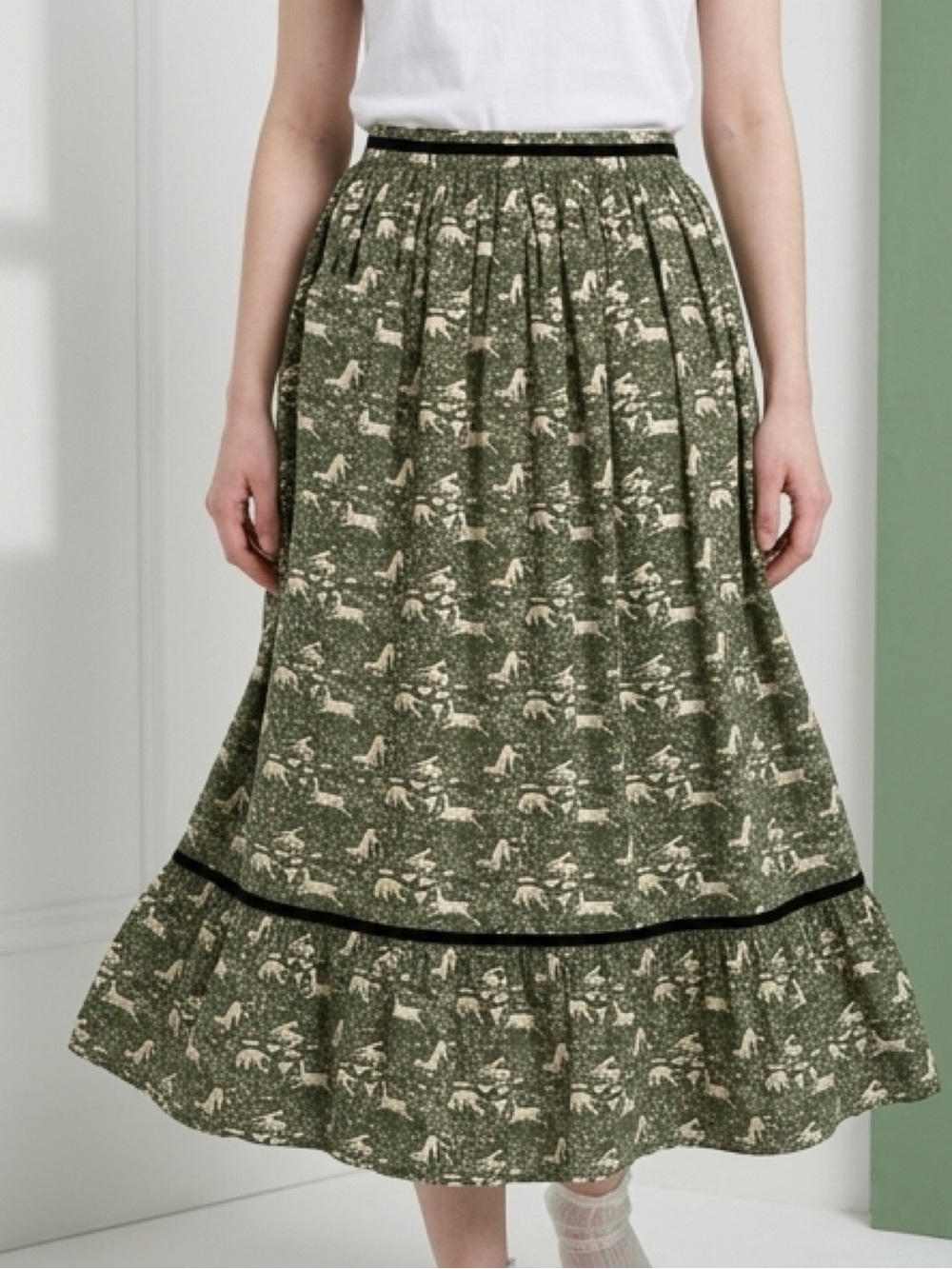 Batsheva x Laura Ashley Floral Tiered Midi Skirt in Olive Green